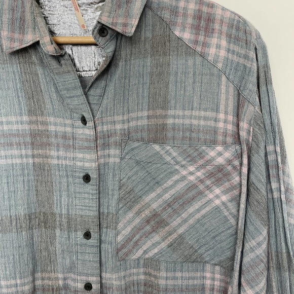 Free People Cutie Plaid Button Down Shirt Blue/Pink #796 - Picture 5 of 9